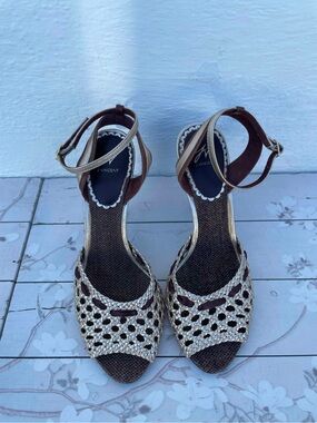 J Vincent Woven Gold and Brown Ankle-Strap Heels